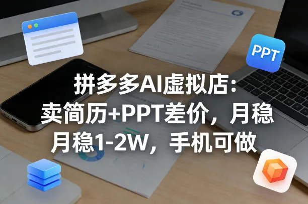 【暴力项目】拼多多AI虚拟店：卖简历+PPT差价，月稳1-2W，手机可做_摸鱼资源网