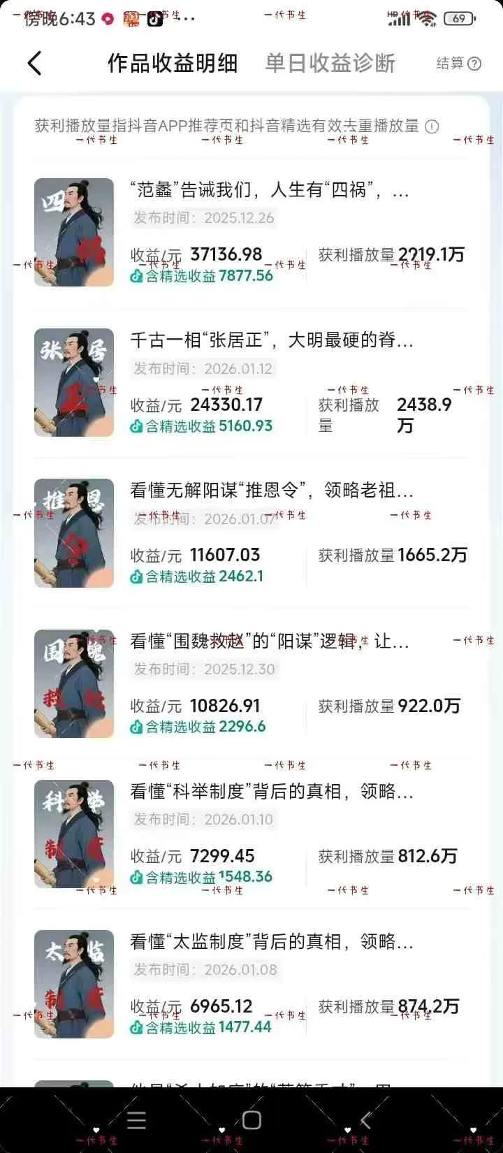 抖音300w粉丝博主的政史类科普视频教学，有大流量扶持，拿伙伴伙伴+精选独家双份收益_摸鱼资源网