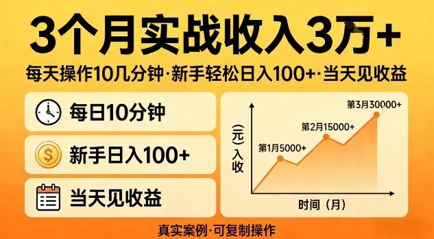 3个月实战收入3W+，每天操作10几分钟，新手轻松日入1张+，当天见收益【揭秘】_摸鱼资源网