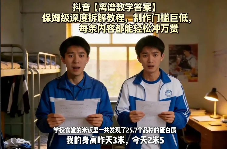 抖音【离谱数学答案】保姆级深度拆解教程，制作门槛巨低，每条内容都能轻松冲万赞，附详细步骤_摸鱼资源网