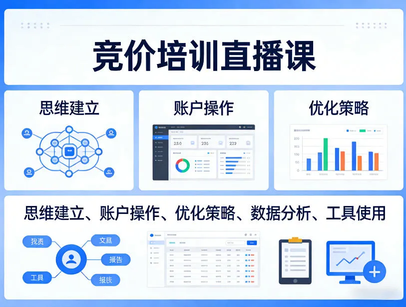 竞价培训直播课，覆盖思维建立、账户操作、优化策略、数据分析、工具使用等，全方位提升效果_摸鱼资源网