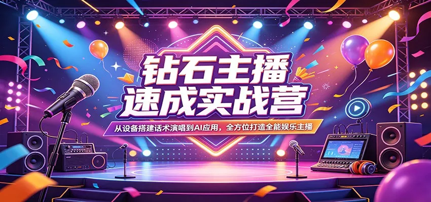 钻石主播速成实战营：从设备搭建话术演唱到AI应用，全方位打造全能娱乐主播_摸鱼资源网