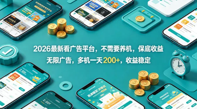2026最新看广告平台，不需要养机，保底收益，无限广告，多机一天200+，收益稳定【揭秘】_摸鱼资源网
