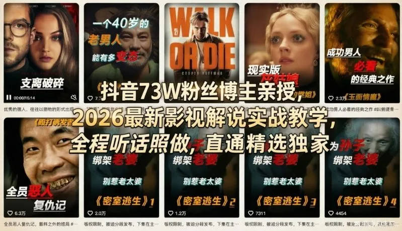 抖音73W粉丝博主亲授，2026最新影视解说实战教学，全程听话照做，直通精选独家_摸鱼资源网
