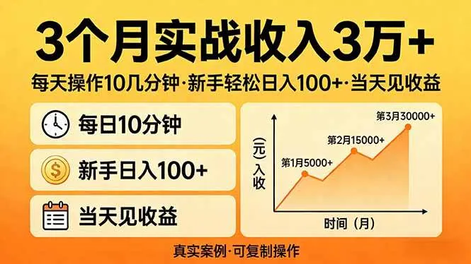 （17639期）3个月实战收入3万+，每天操作10几分钟，新手轻松日入100+，当天见收益_摸鱼资源网