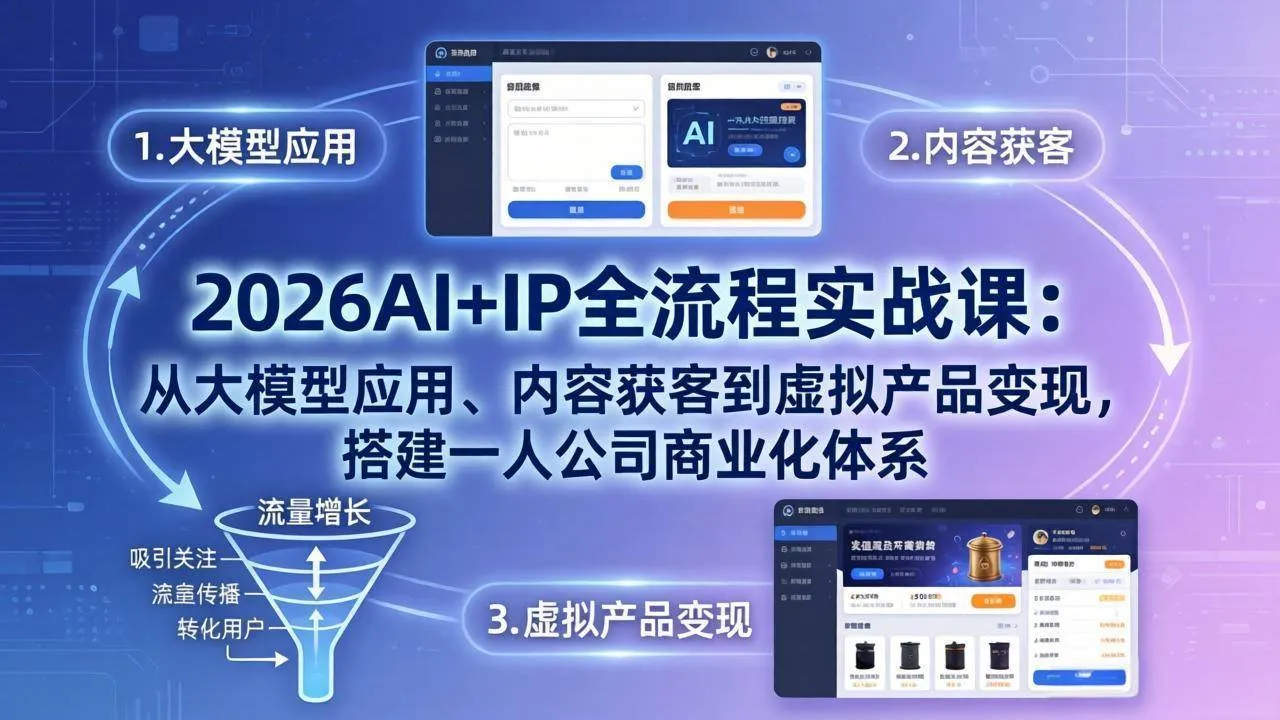 （17863期）2026AI+IP全流程实战课：从大模型应用、内容获客到虚拟产品变现，搭建一人公司商业化体系_摸鱼资源网