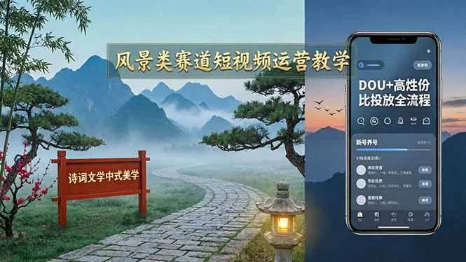（17992期）风景类赛道短视频运营教学：诗词文学中式美学，新号养号对标账号定位，DOU+高性价比投放全流程-摸鱼资源网