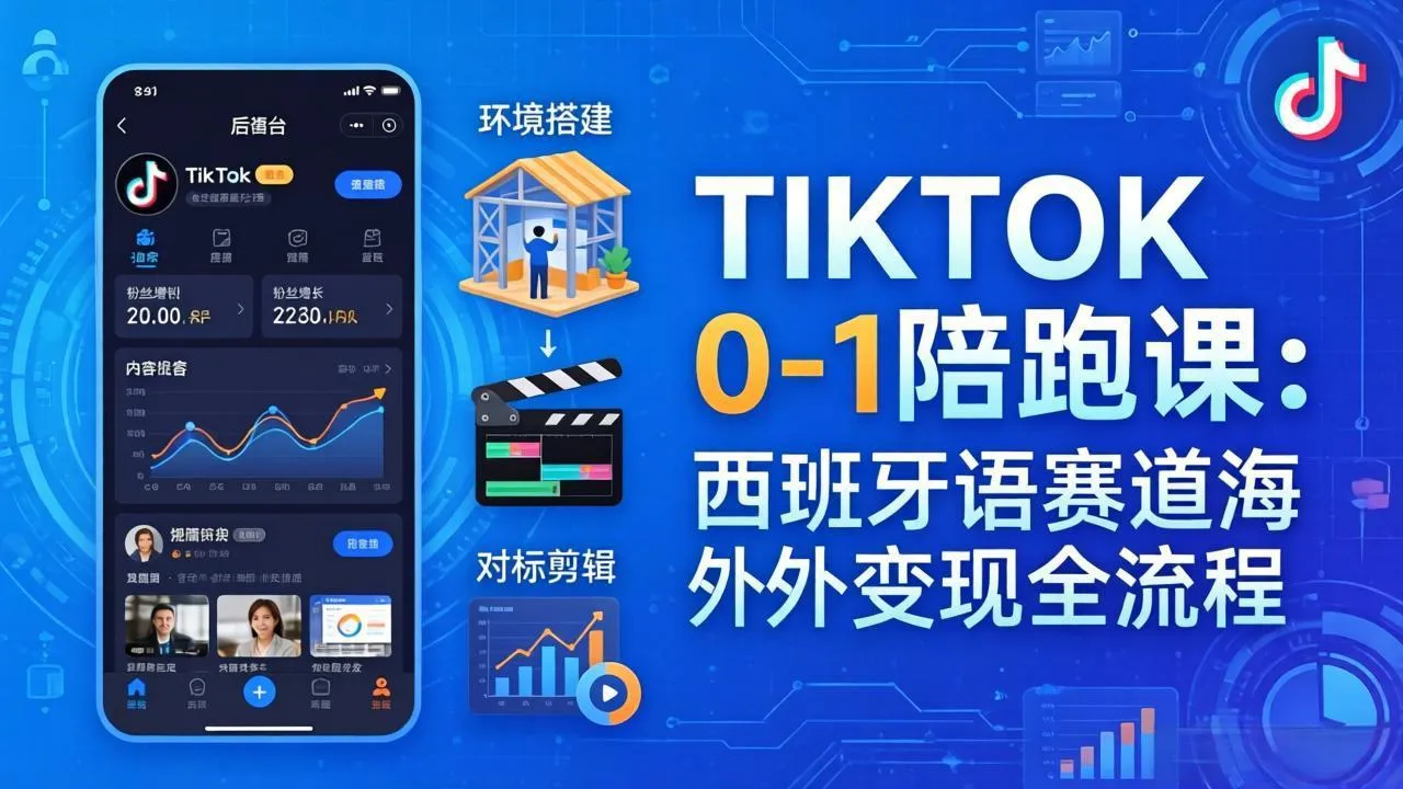 TIKTOK 0-1 陪跑课：从环境搭建到刷对标剪辑，西班牙语赛道海外变现全流程_摸鱼资源网