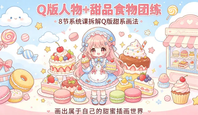 Q版人物+甜品食物团练，8节系统课拆解Q版甜系画法，画出属于自己的甜蜜插画世界_摸鱼资源网