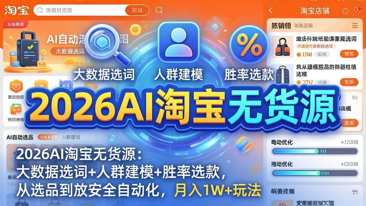 2026AI淘宝无货源-4月更新：大数据选词+人群建模+胜率选款，从选品到放大全自动化，月入1W+玩法_摸鱼资源网
