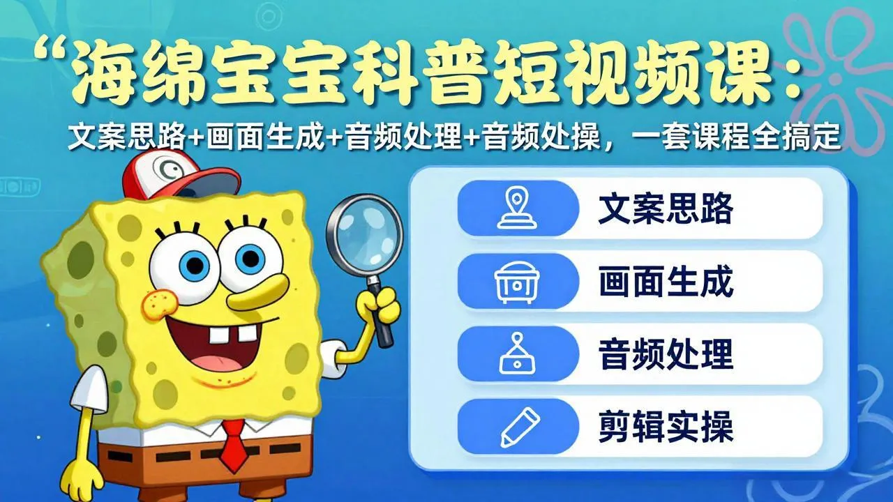 海绵宝宝科普短视频课：文案思路+画面生成+音频处理+剪辑实操，一套课程全搞定_摸鱼资源网