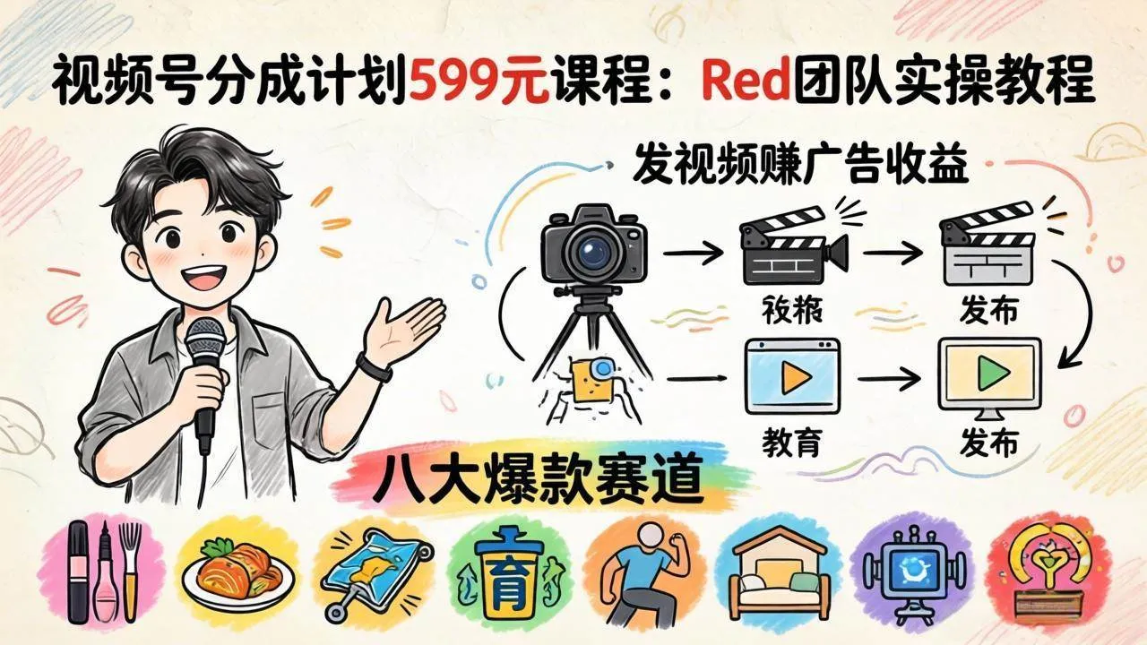 （18088期）视频号分成计划599元课程：Red团队实操教程，发视频赚广告收益，八大爆款赛道全掌握_摸鱼资源网