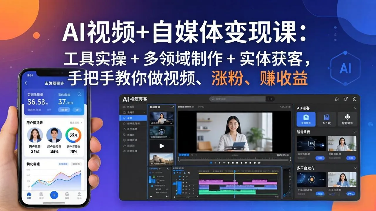 AI视频+自媒体变现课：工具实操 + 多领域制作 + 实体获客，手把手教你做视频、涨粉、赚收益_摸鱼资源网