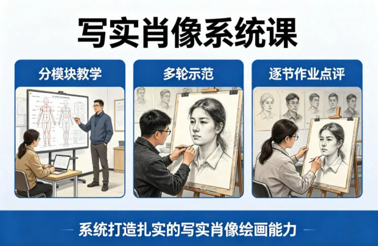 写实肖像系统课，全程分模块教学+多轮示范+逐节作业点评，系统打造扎实的写实肖像绘画能力_摸鱼资源网