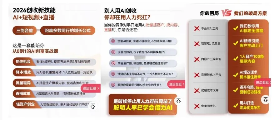 2026创收新技能AI+短视频+直播，用AI爆改生意，这是一套能陪你从0到1的AI创富实战课-摸鱼资源网