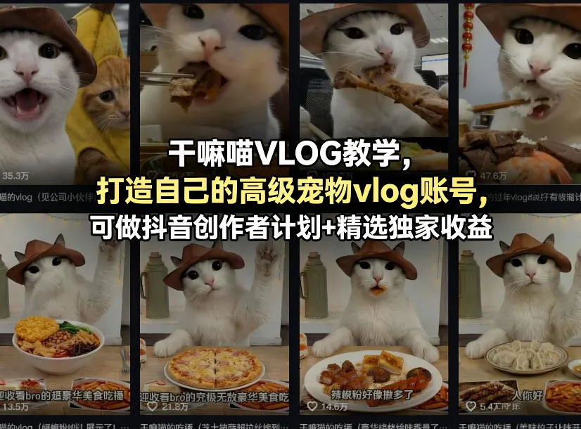干嘛喵VLOG教学，打造自己的高级宠物vlog账号，可做抖音创作者计划+精选独家收益_摸鱼资源网