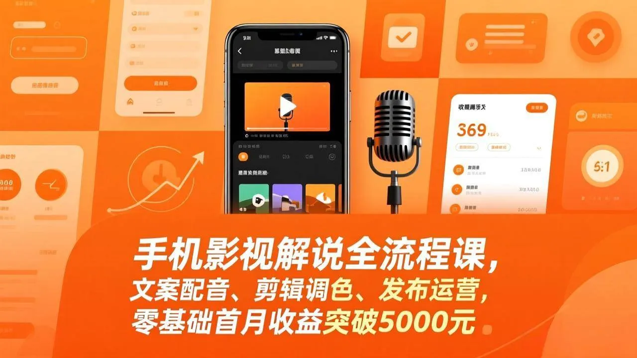 手机影视解说全流程实战课：零基础首月收益破5000，文案配音剪辑运营全攻略_摸鱼资源网