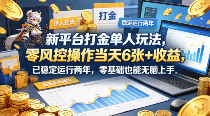 新平台打金单人玩法，零风控操作当天6张+收益，已稳定运行两年，零基础也能无脑上手【揭秘】_摸鱼资源网
