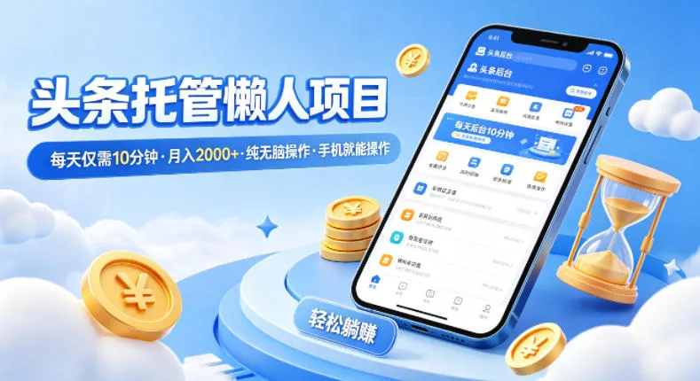 头条托管懒人项目,每天仅需10分钟,月入2000+,纯无脑操作,手机就能操作【揭秘】 头条托管懒人项目,每天仅需10分钟,月入2000+,纯无脑操作,手机就能操作【揭秘】